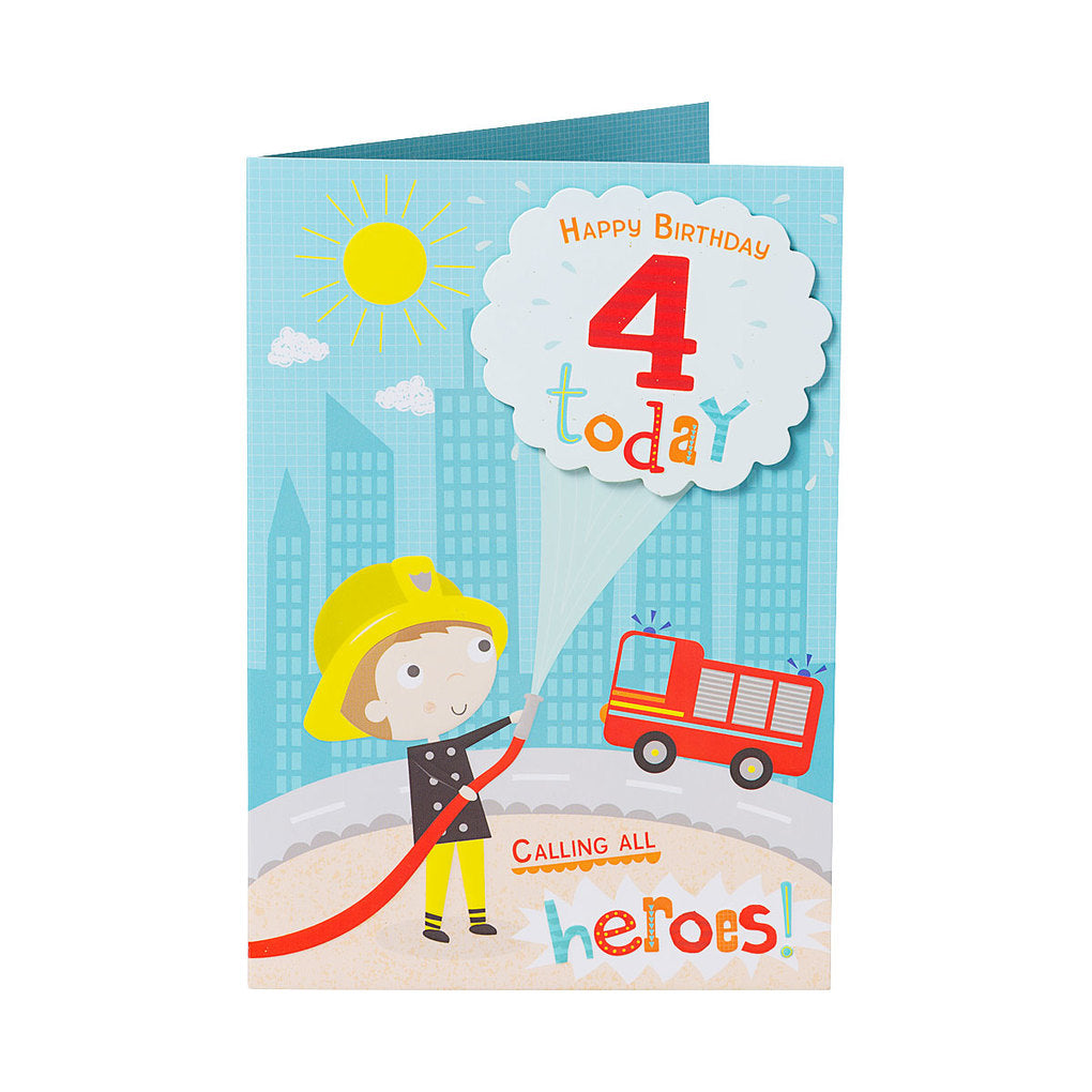 Cute Fireman Hero Boy 4th Birthday Card