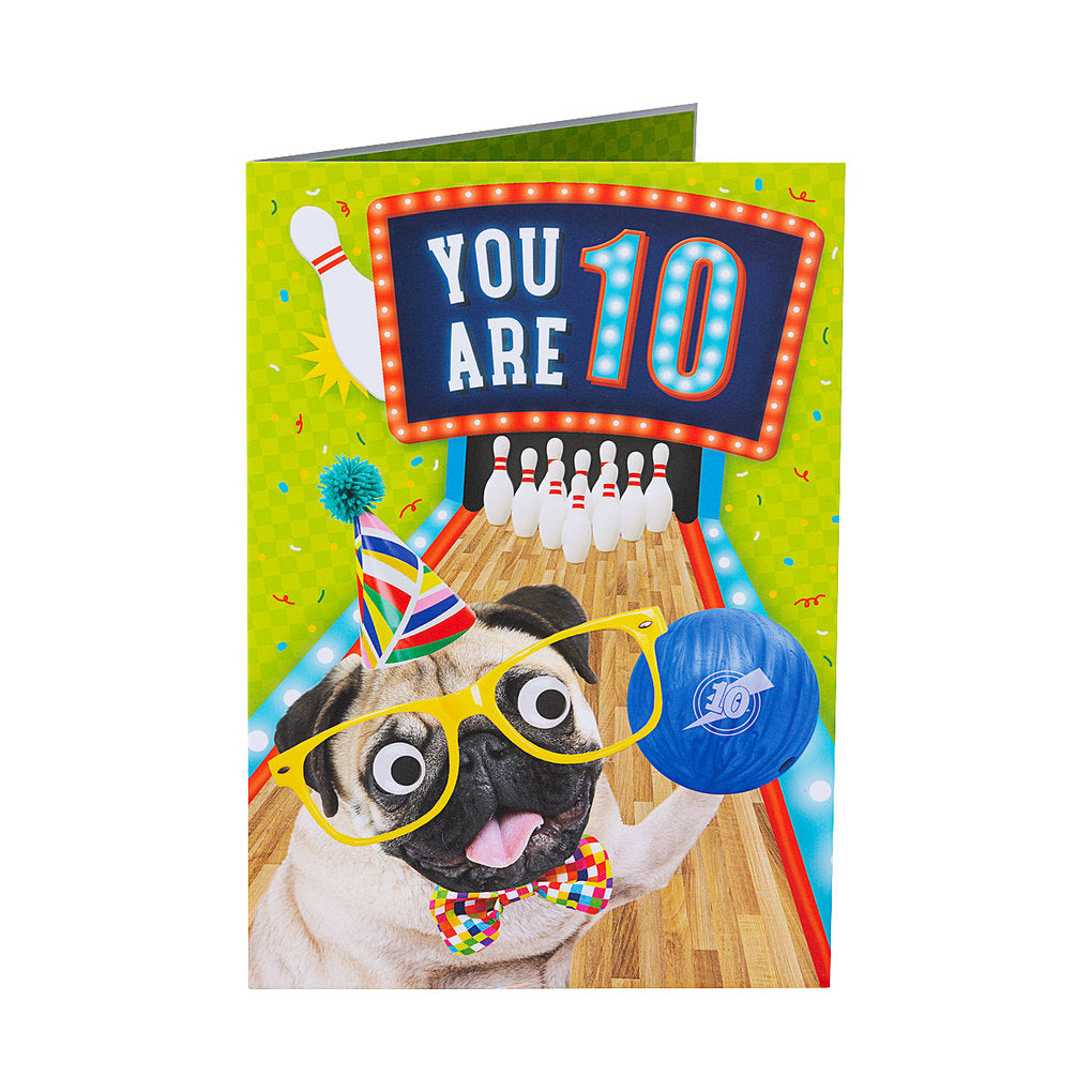Funny Bowling Pug 10th Birthday Card