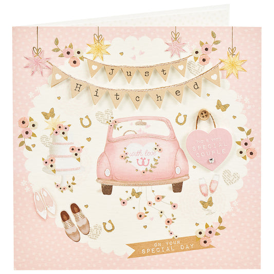 Cute Just Hitched Engagement Card
