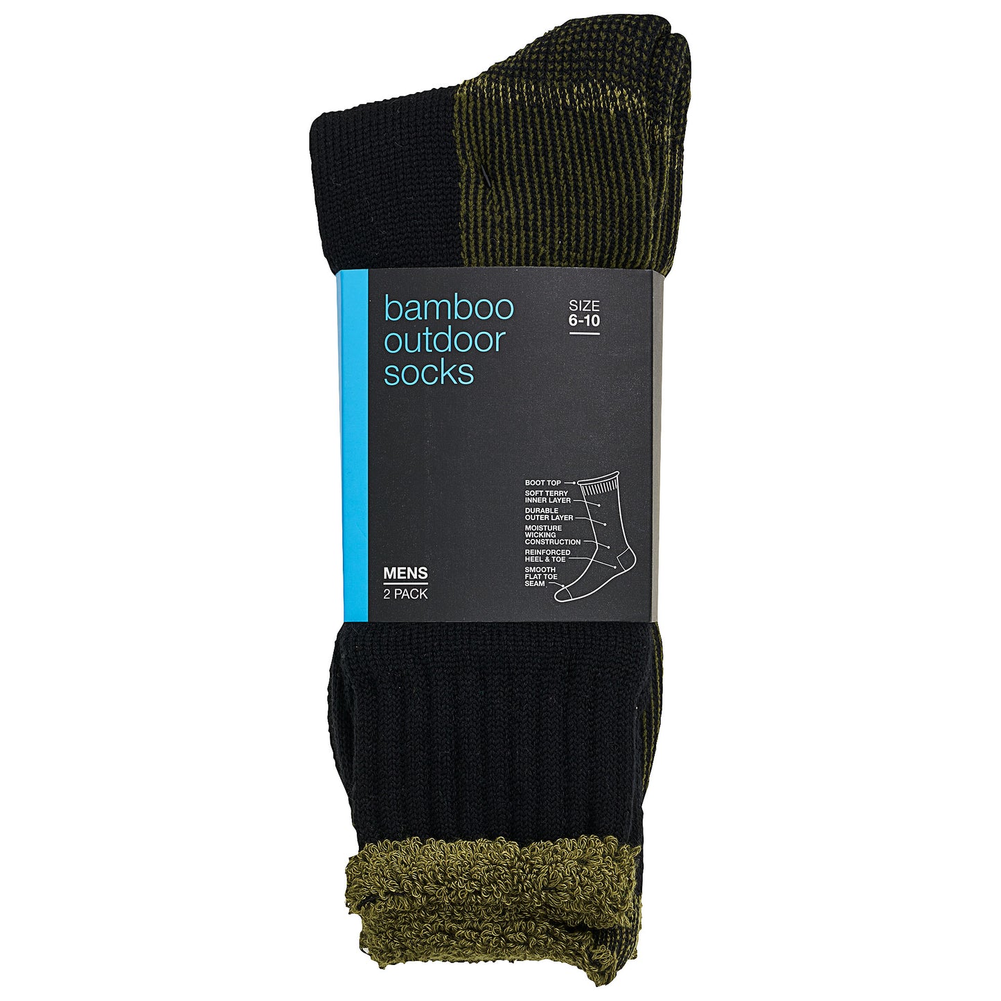 Men's Bamboo Outdoor Sock Black 2pk