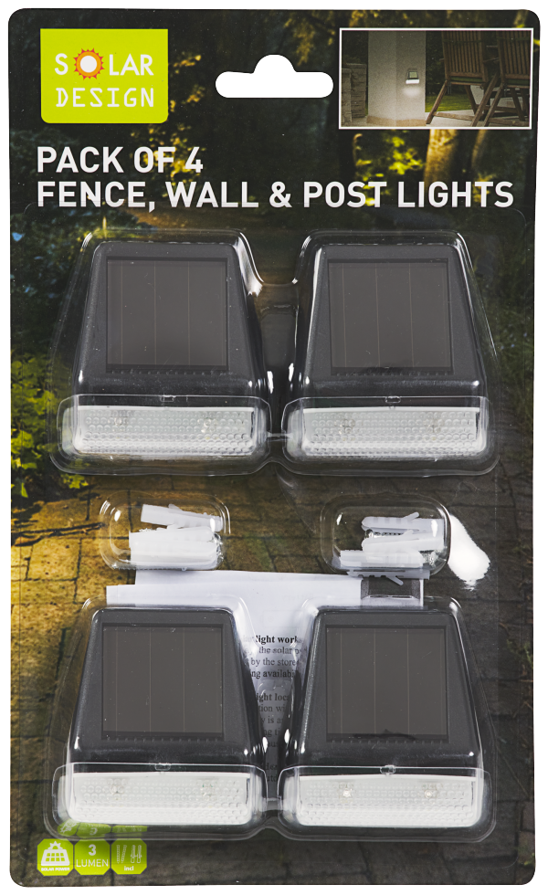 Solar Wall or Fence Light 3 Lumens 4pk