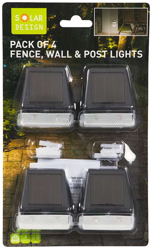 Solar Wall or Fence Light 3 Lumens 4pk