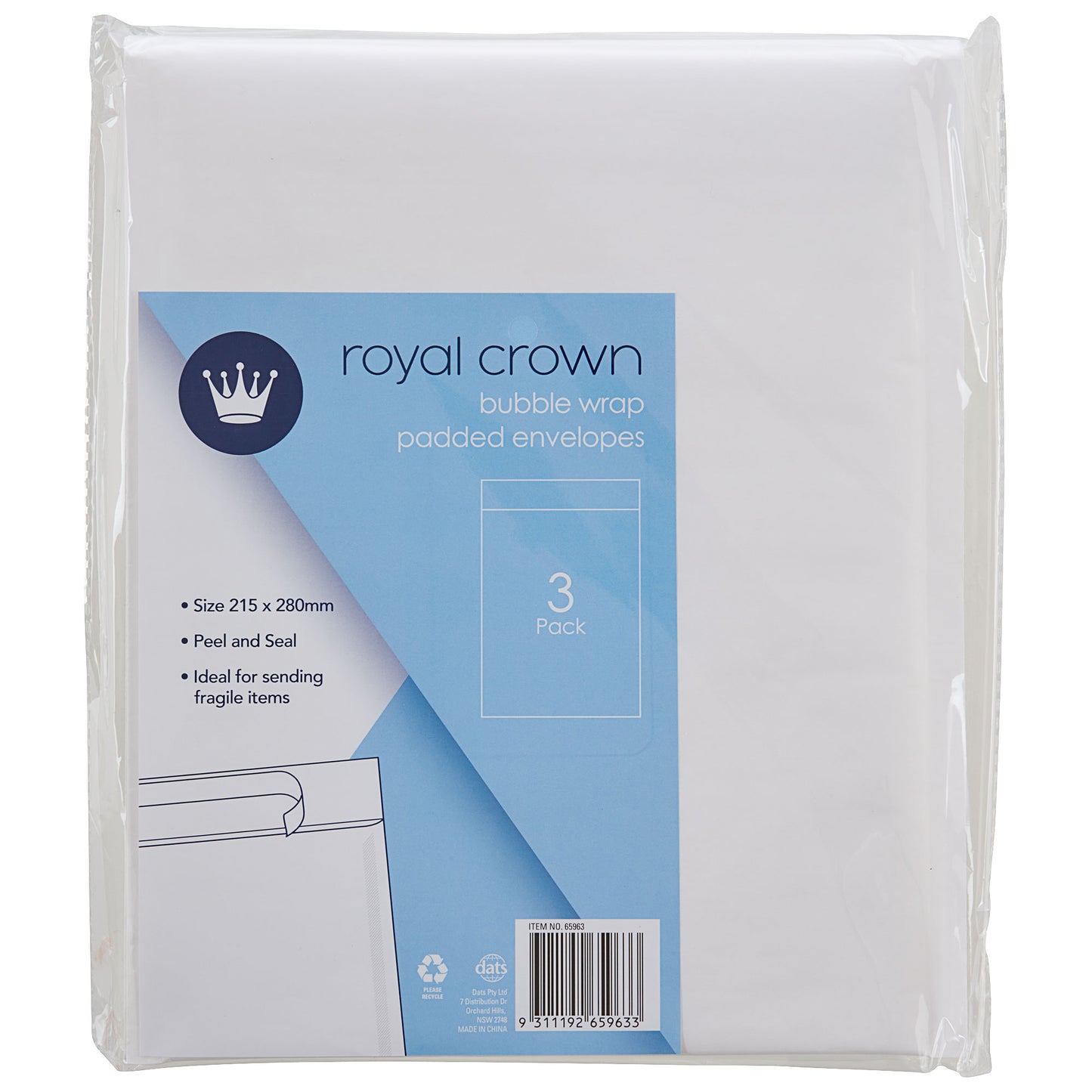 Royal Crown Bubble Wrap Padded Envelopes 215x280mm 3pk