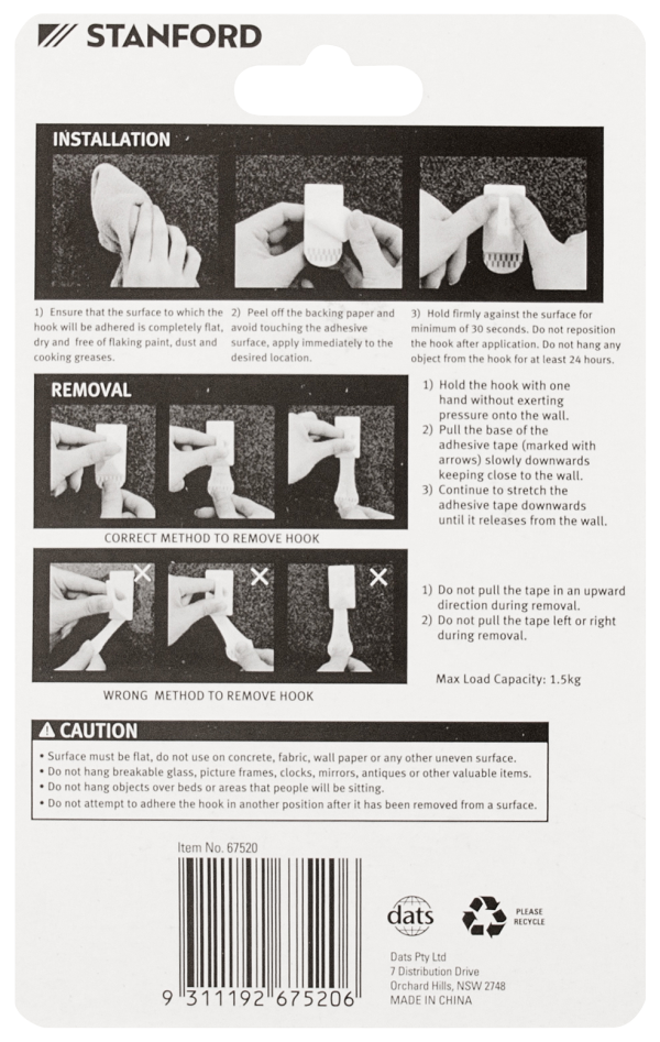 Stanford Removable Adhesive Steel Hooks 2pk