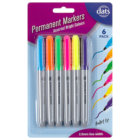 Permanent Markers Mixed Bright Colours 6pk