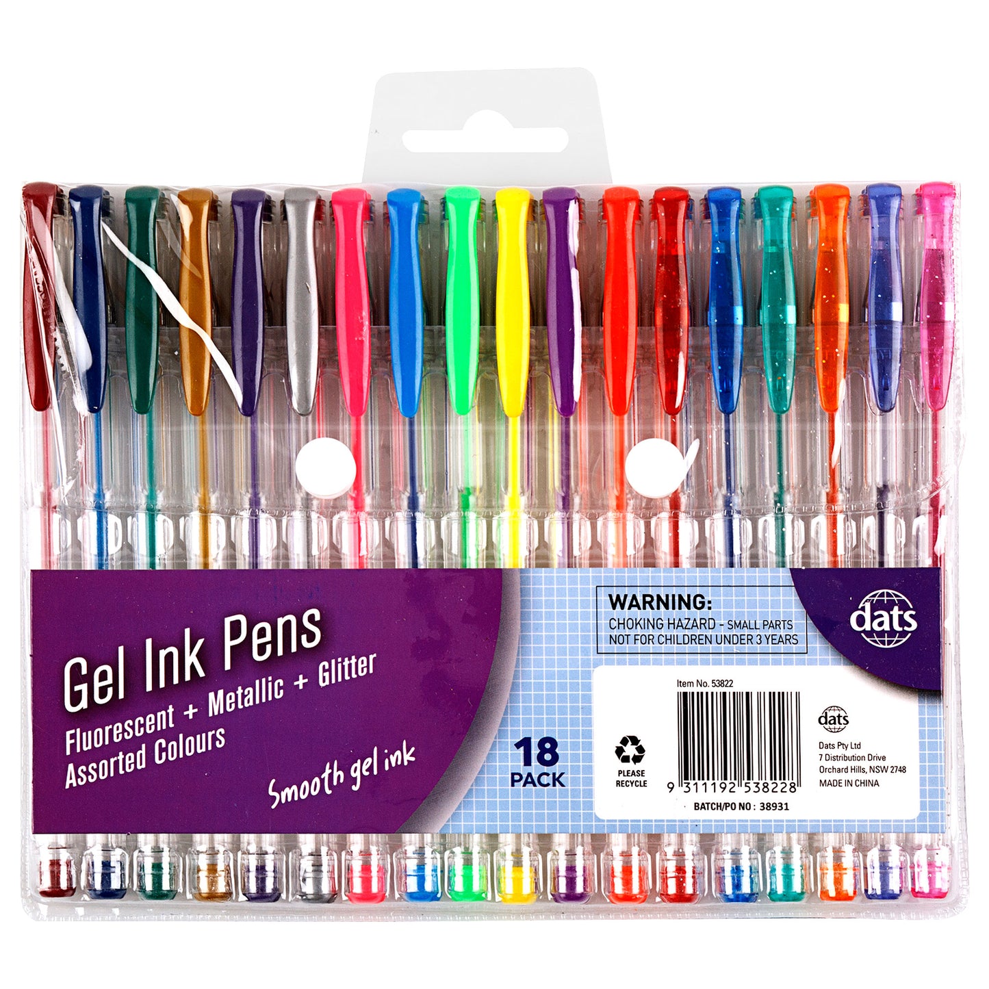 Gel Pen Assorted Colours in PVC Wallet 18pk