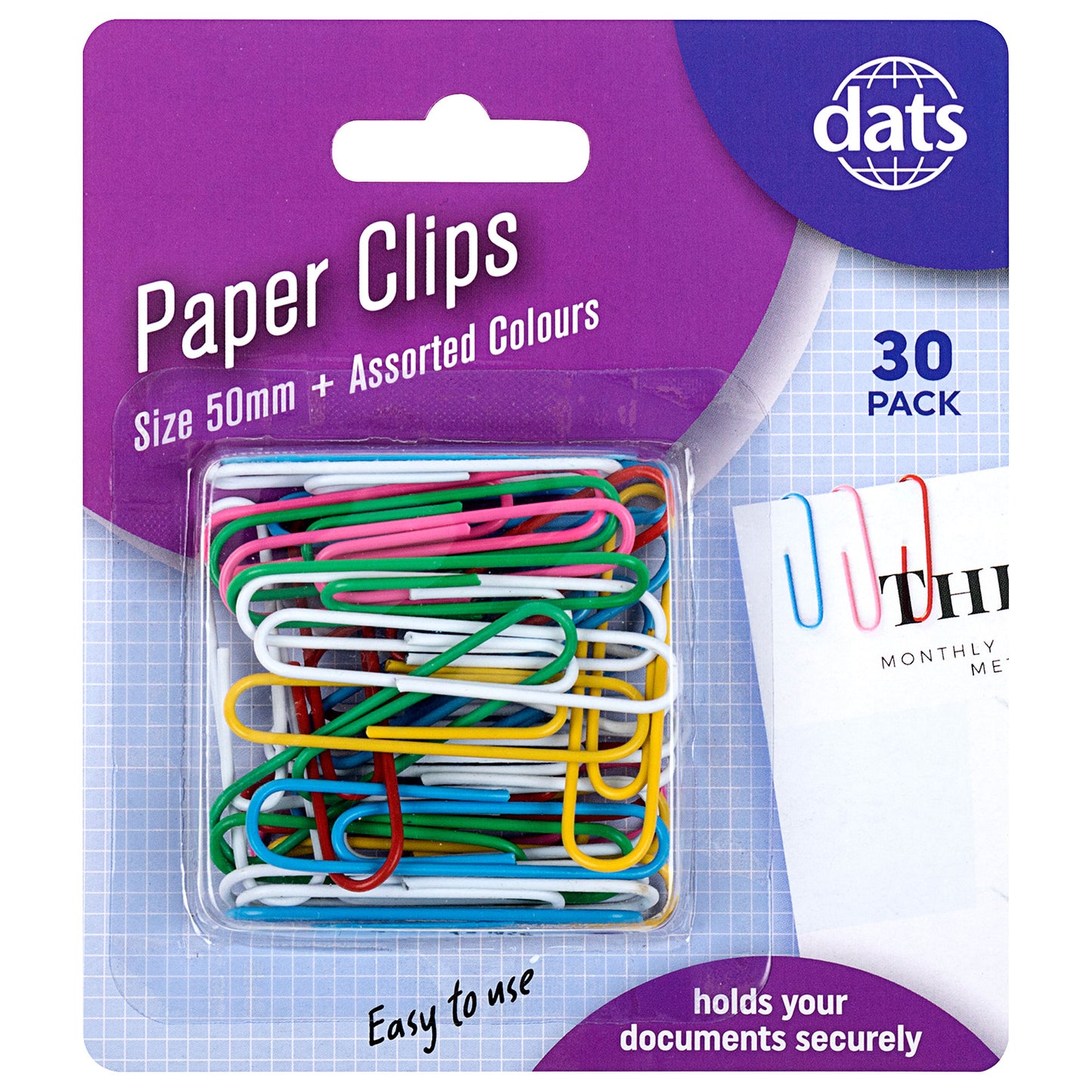 Clip Paper 50mm Mixed Colours PVC Coating 30pk