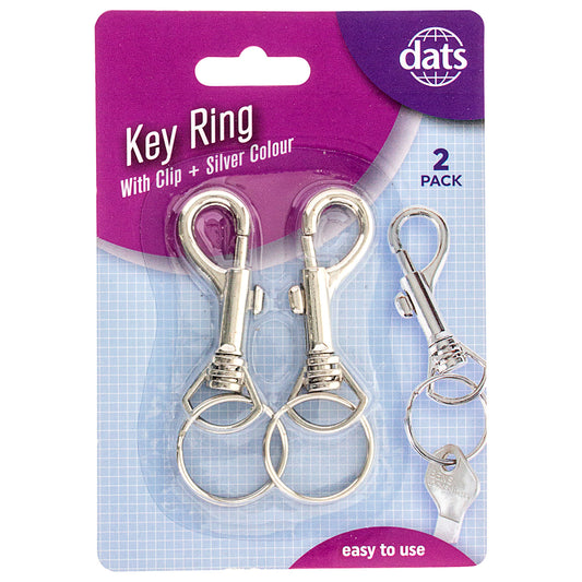 Key Ring Metal Silver with Clip 2pk