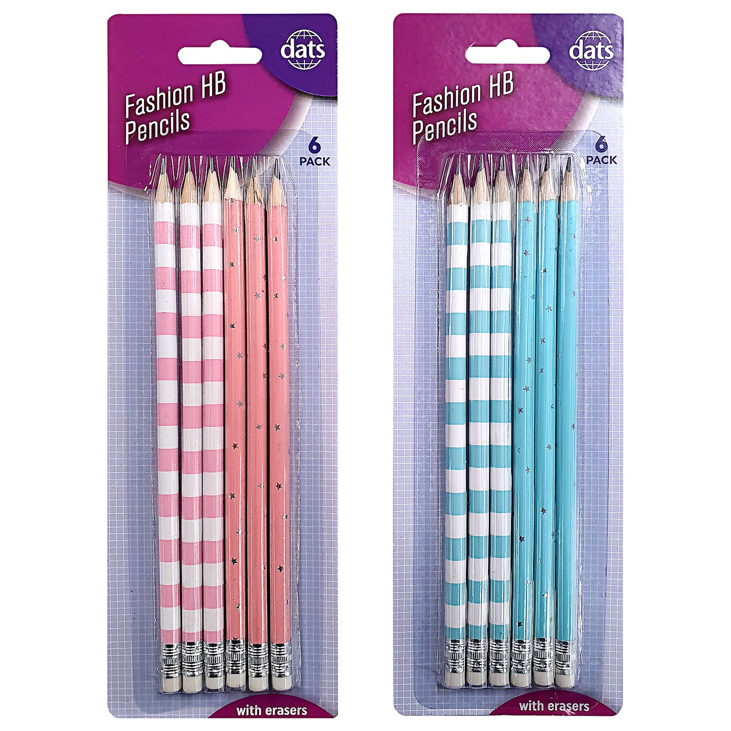 Fashion HB Pencils with Eraser 6pk Pink/Blue