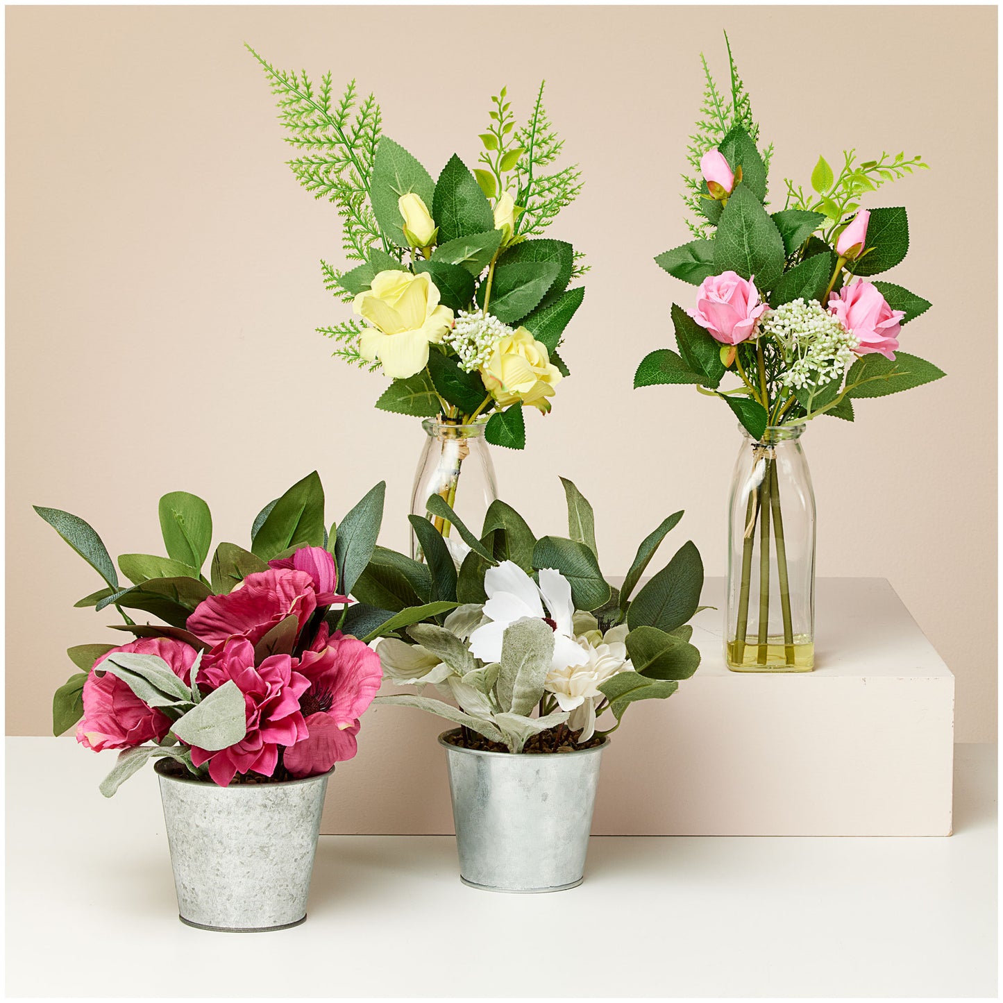 Faux Winter Floral In Tin Pot Pink/Cream