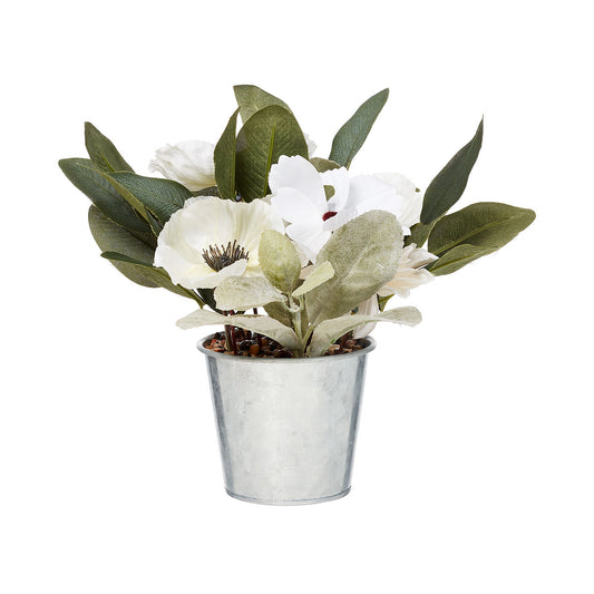 Faux Winter Floral In Tin Pot Pink/Cream