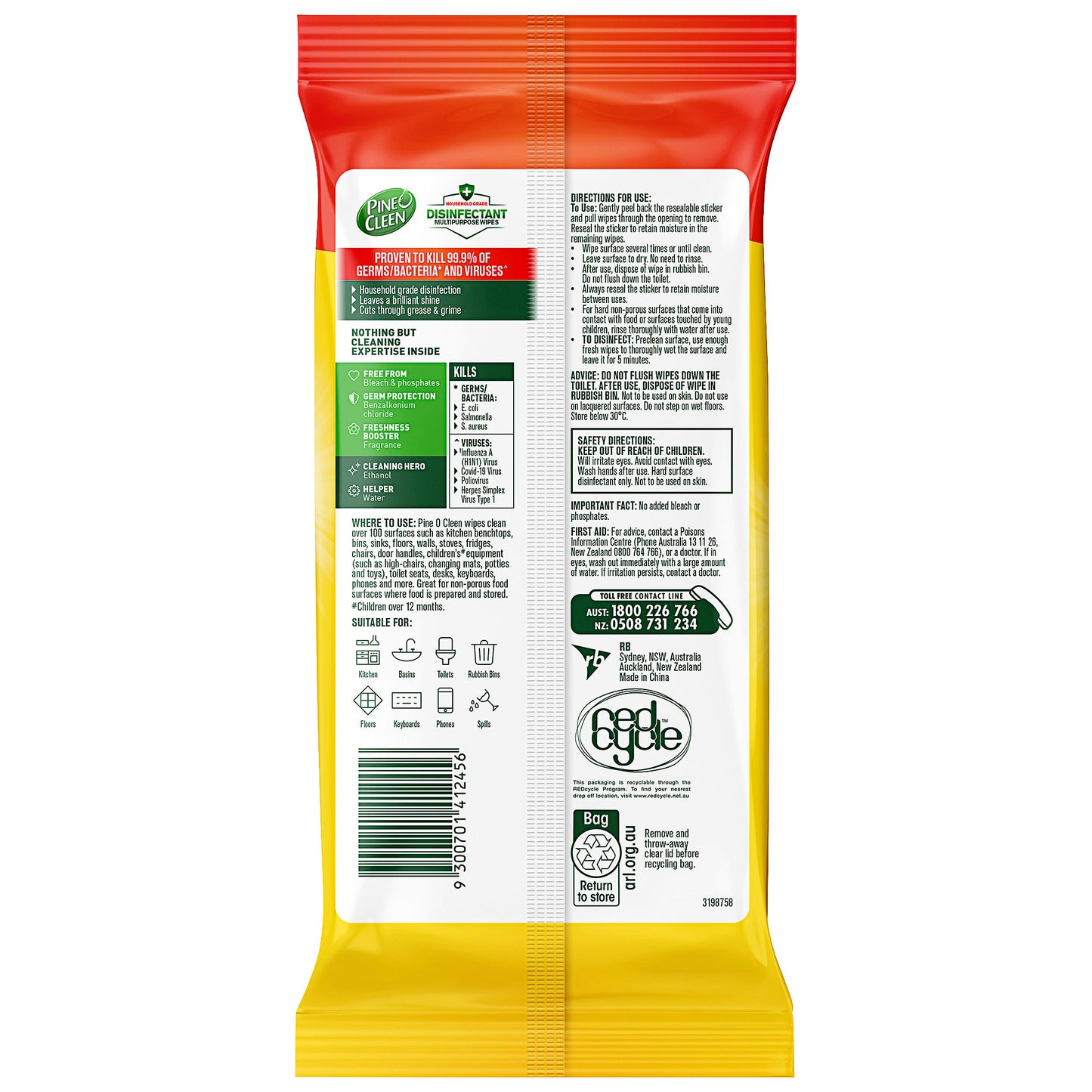 Pine O Cleen Disinfectant Multipurpose Wipes Lemon 45pk