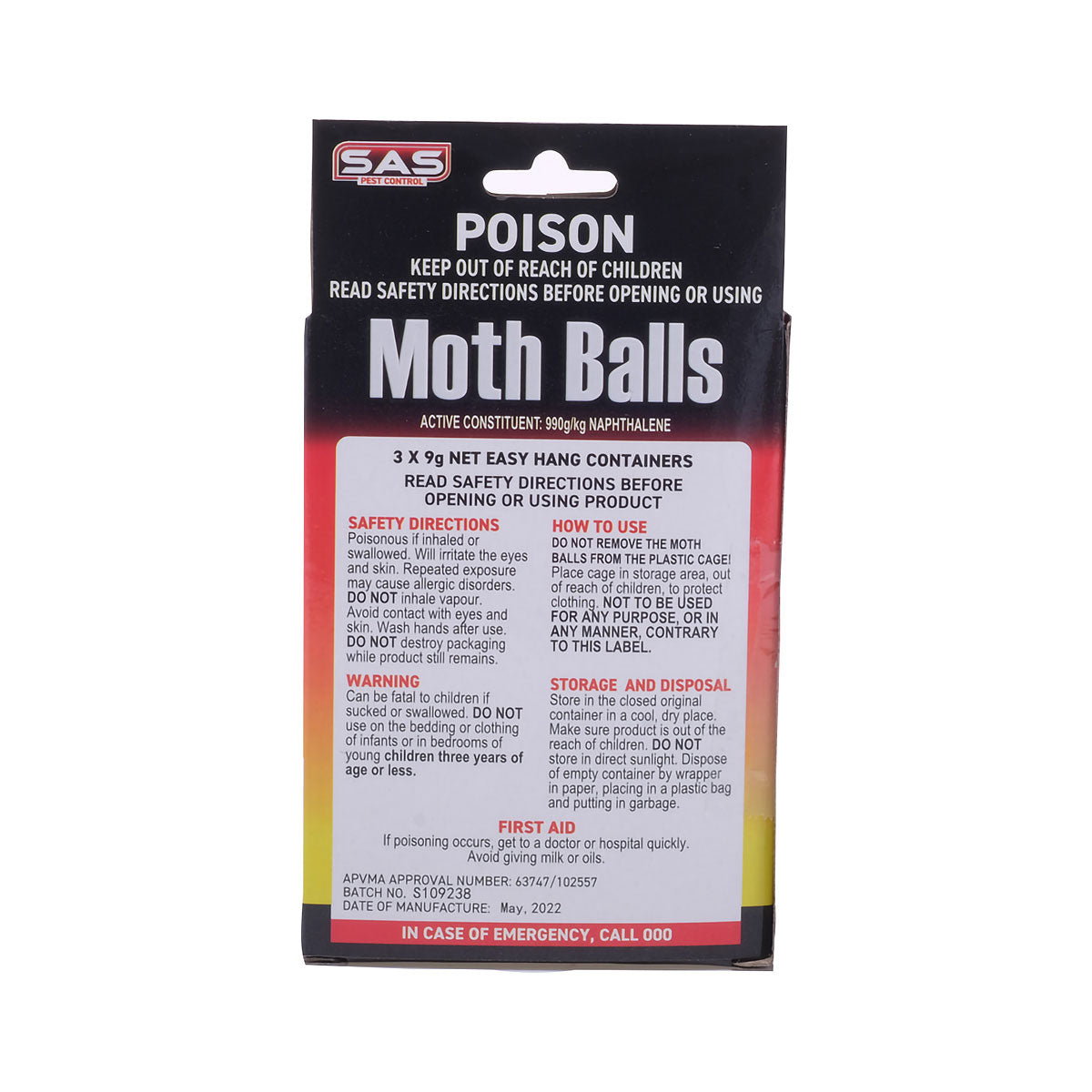 SAS Hanging Mothballs 9g 3pk