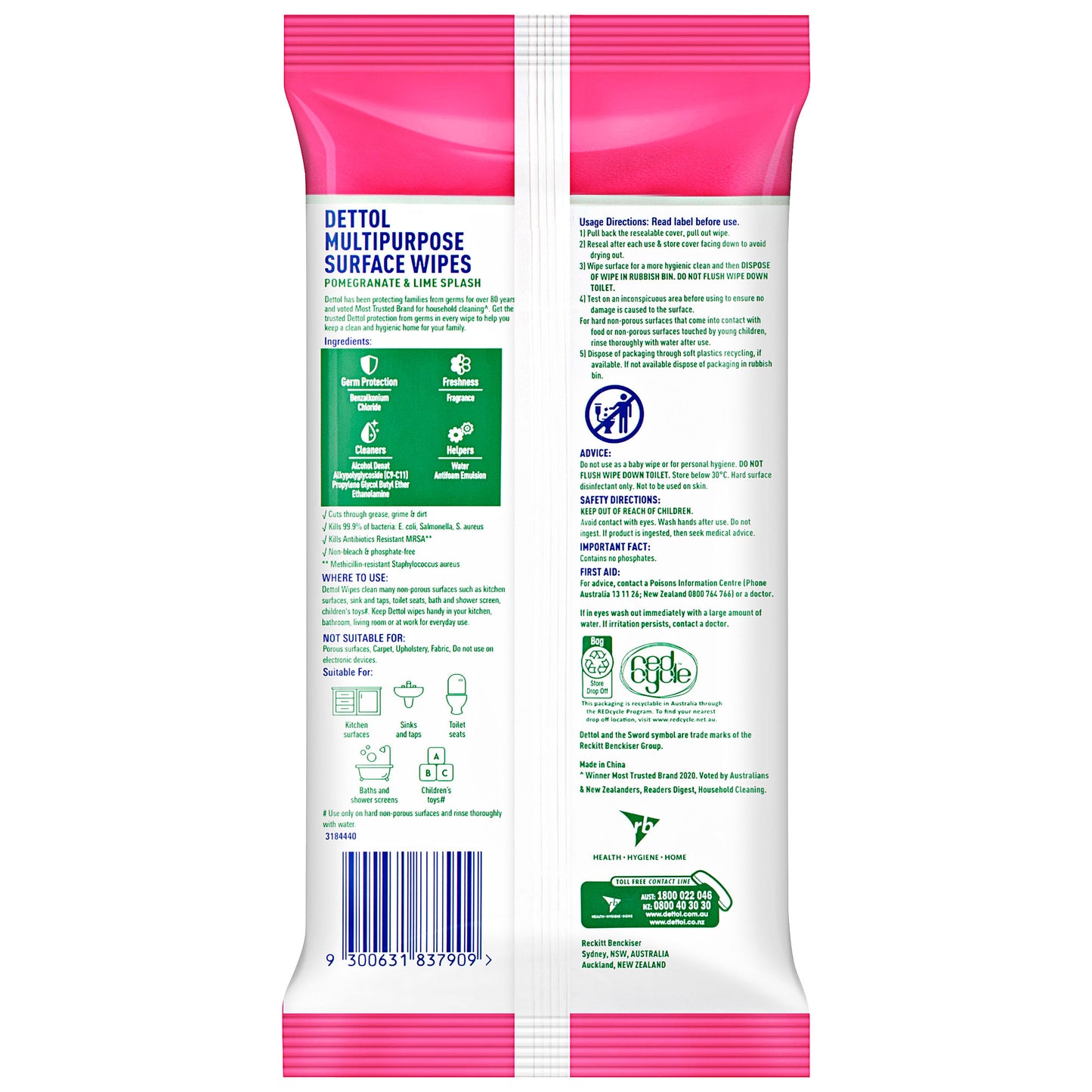 Dettol Multipurpose Cleaning Wipes Pomegranate & Lime Splash 120 Pack
