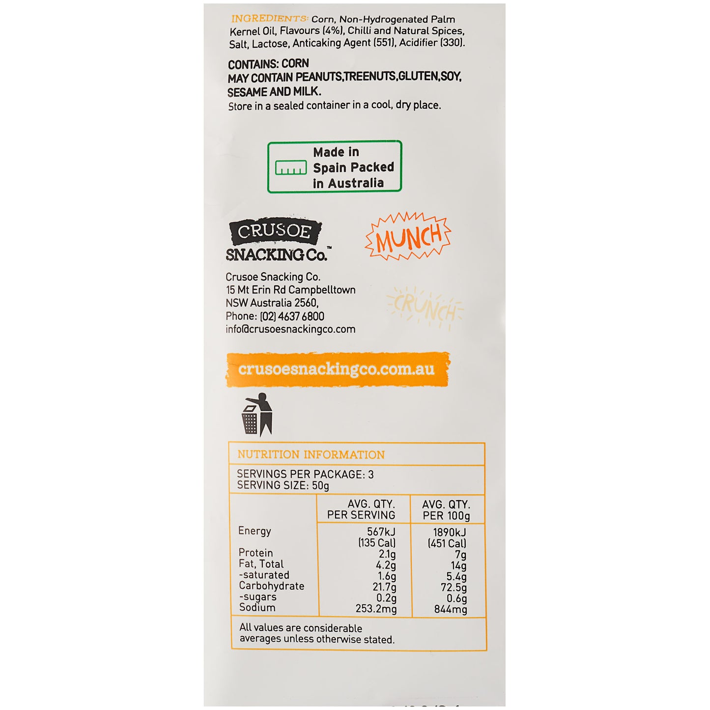 Crusoe Snacking Co Chilli Corn 150g