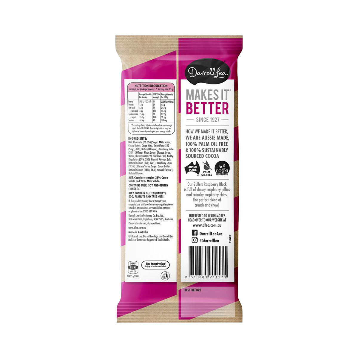 Darrell Lea Raspberry Liquorice Block Milk Chocolate Block