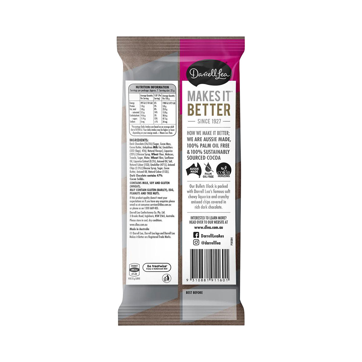 Darrell Lea Dark Chocolate Liquorice Bullets Block 180g