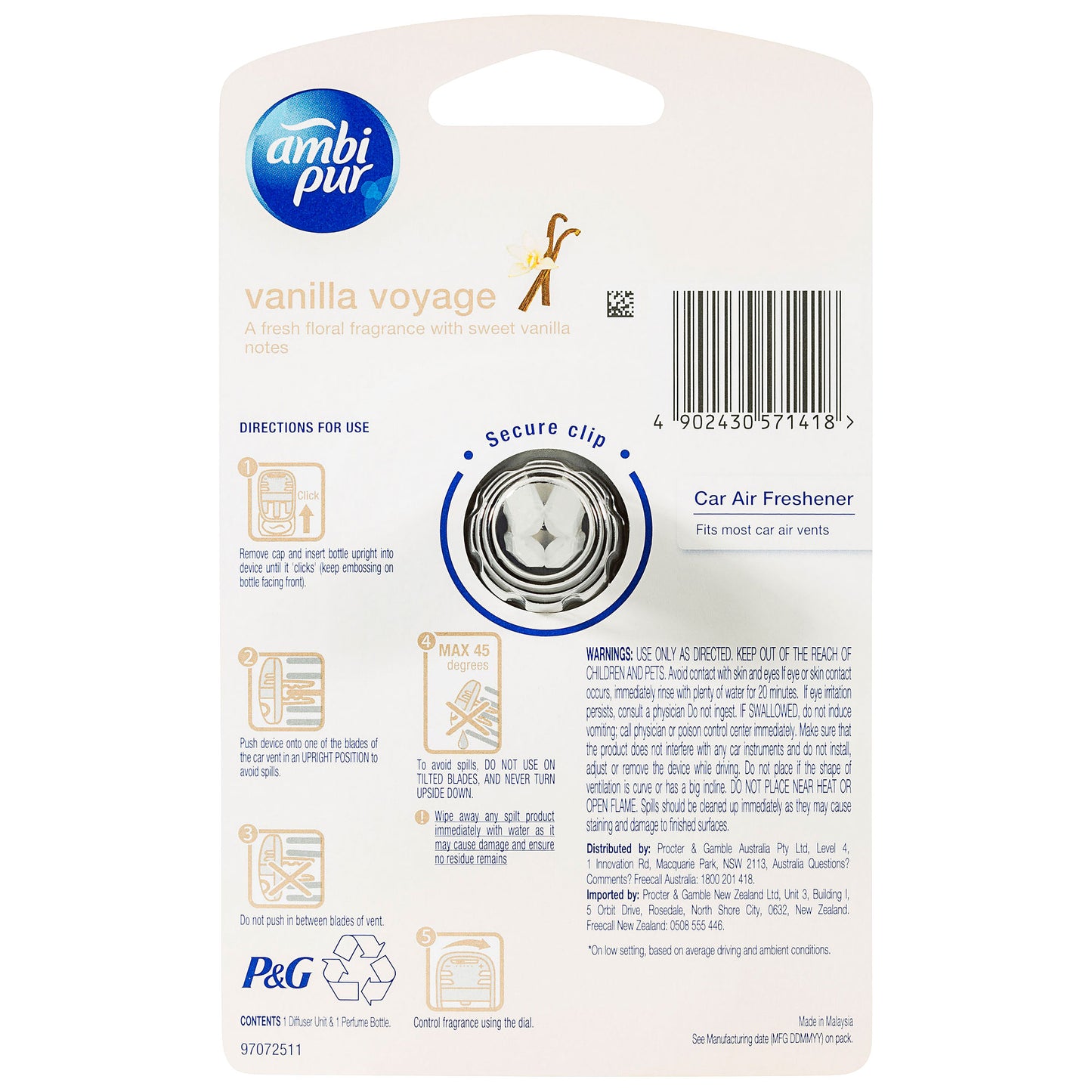 Ambi Pur Premium Car Clip Vanilla Voyage 7.5mL