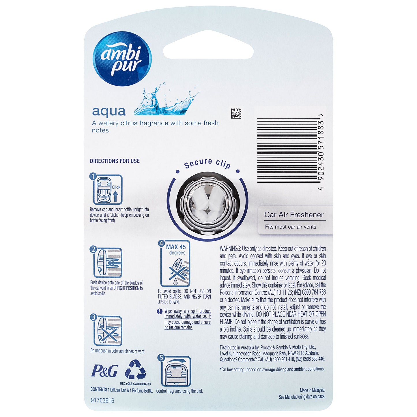 Ambi Pur Premium Car Clip Aqua 7.5mL