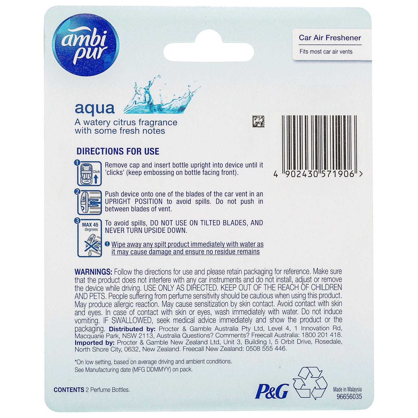 Ambi Pur Premium Car Clip Refill Aqua 7.5mL 2pk