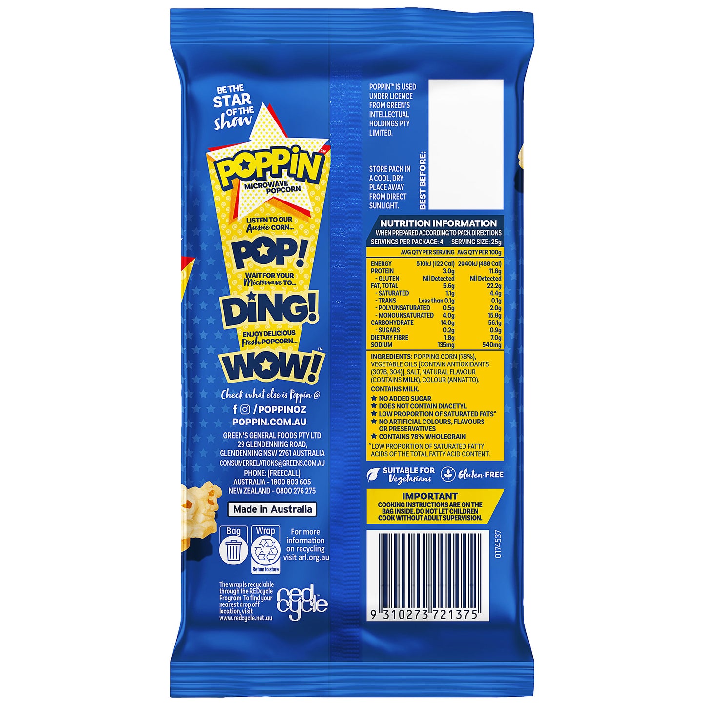 Poppin Microwave Popcorn Butter 100g