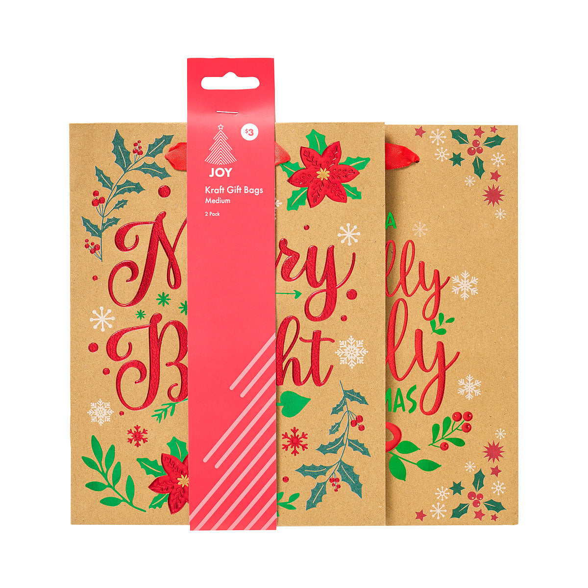 Christmas Gift Bag Kraft Foil Medium 2pk