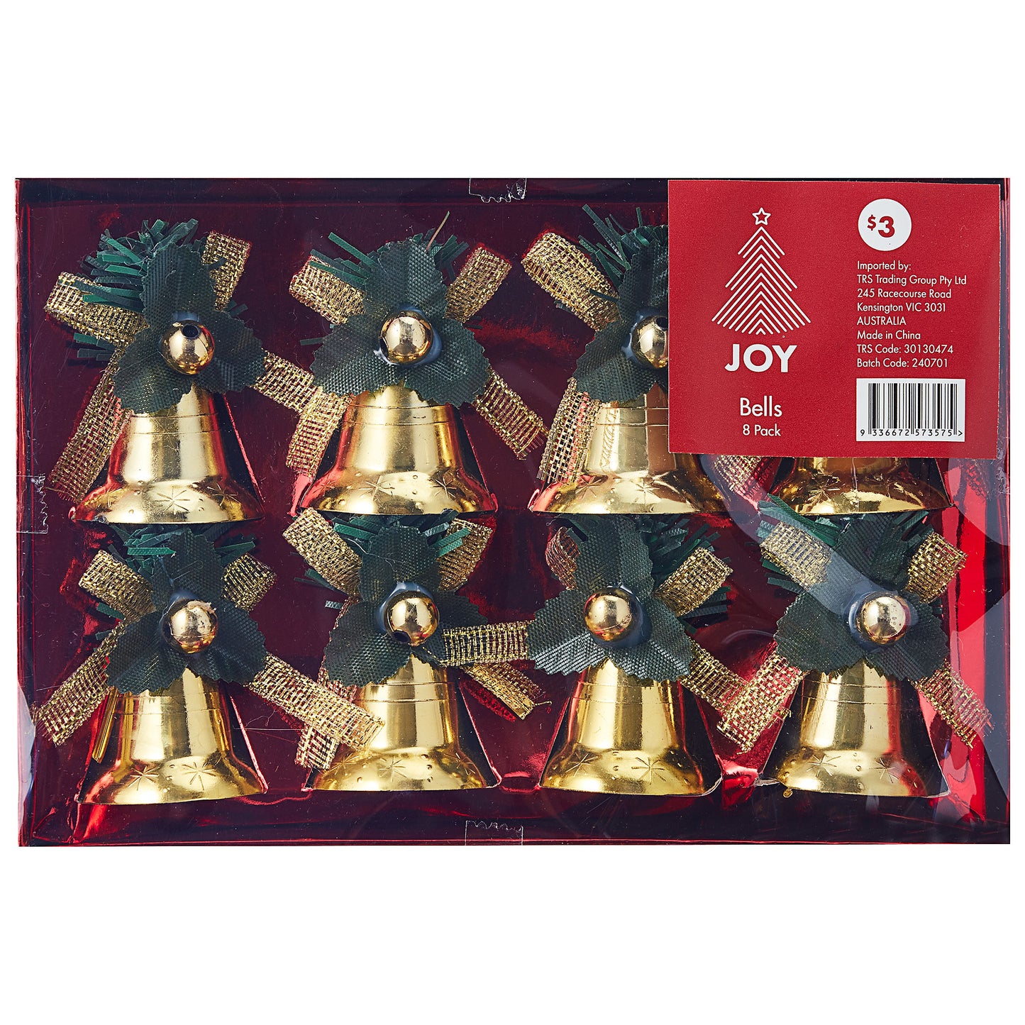 Christmas Tree Decoration Bells 8pk Assorted