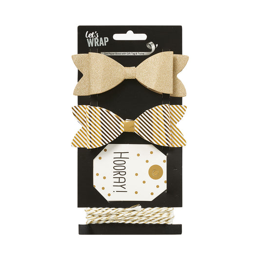 Paper Bow With Gift Tag & Cord Gold 2pk