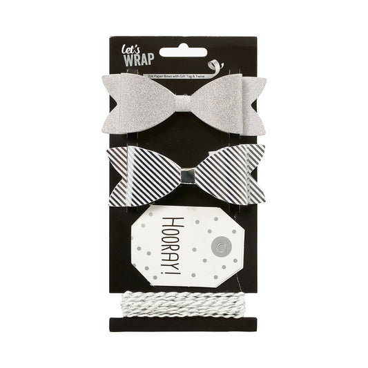 Paper Bow With Gift Tag & Cord Silver 2pk