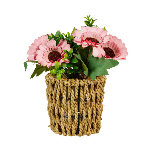 Faux Flowers In Woven Pot Pink/White