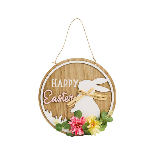 Easter Hanging Round Bunny Plaque With Flowers