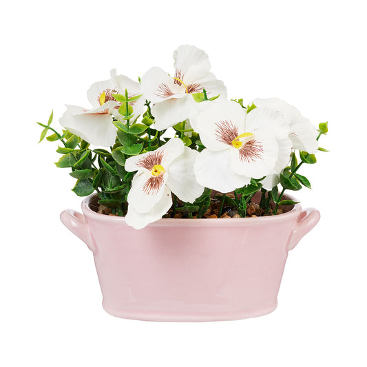 Faux Pansy Garden In Oval Pot White/Yellow