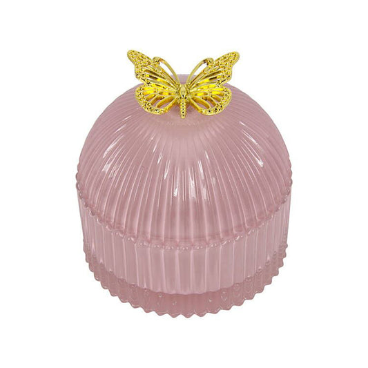 Round Glass Trinket Box Butterfly Clear/Pink