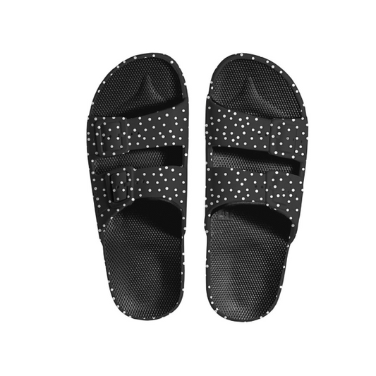 Women's Twin Strap Slides Black Polka Dot