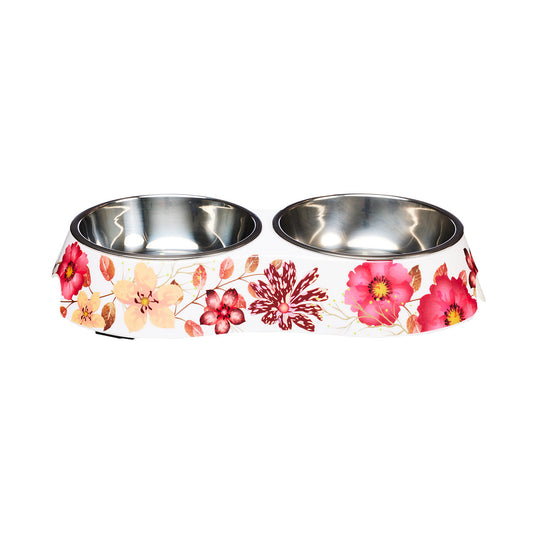 Pet Haven Floral Melamine Double Pet Bowl Small