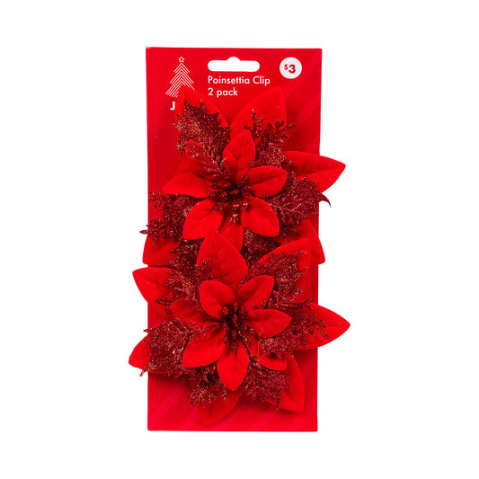 Christmas Clip Poinsettia Material/Glittered 2pk Assorted