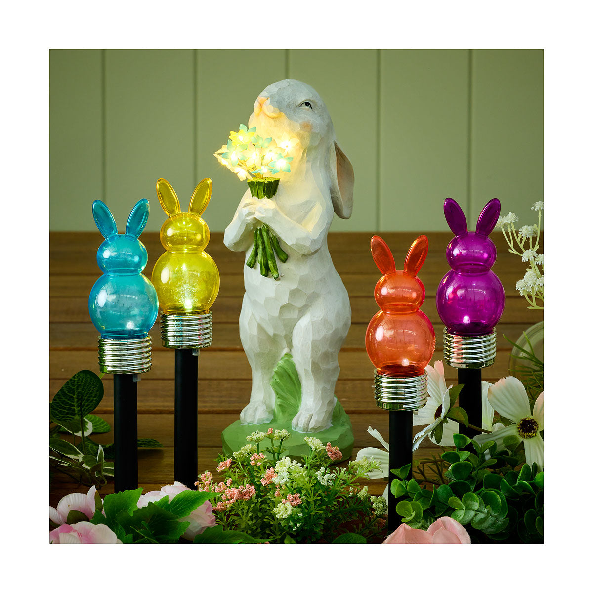 Easter Solar Bunny With Flowers Figurine