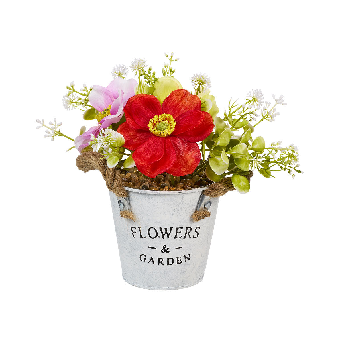Faux Flowers In Tin Pot