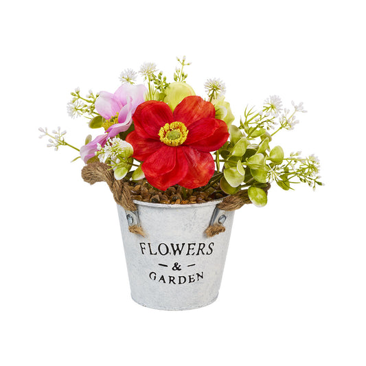 Faux Flowers In Tin Pot