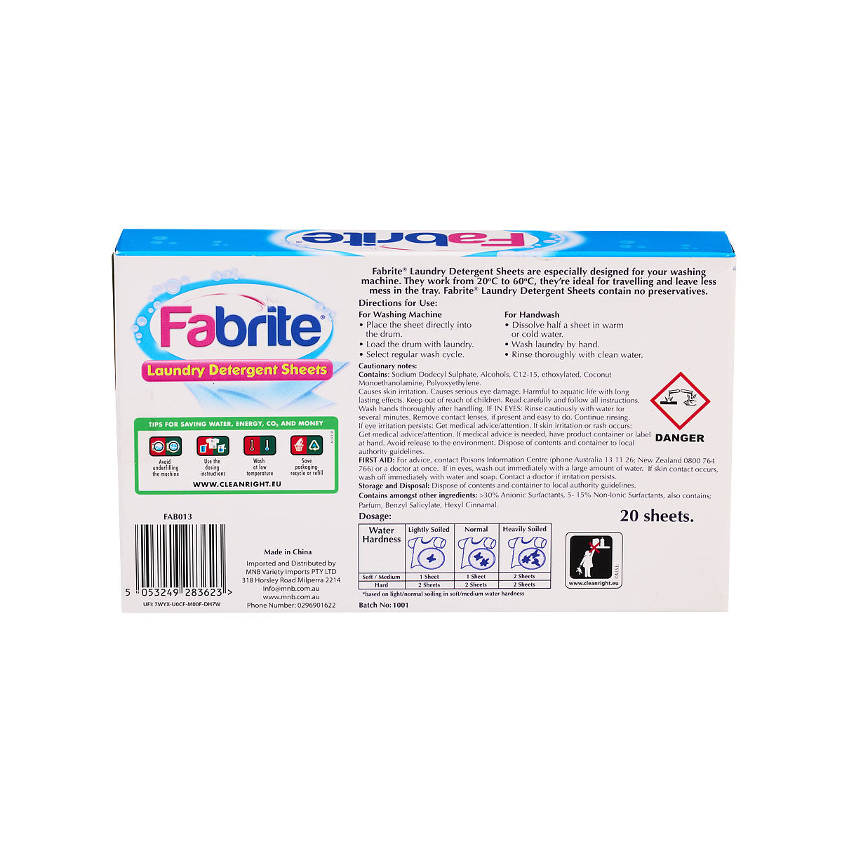 Fabrite Laundry Detergent Sheets Fresh Clean 20pk