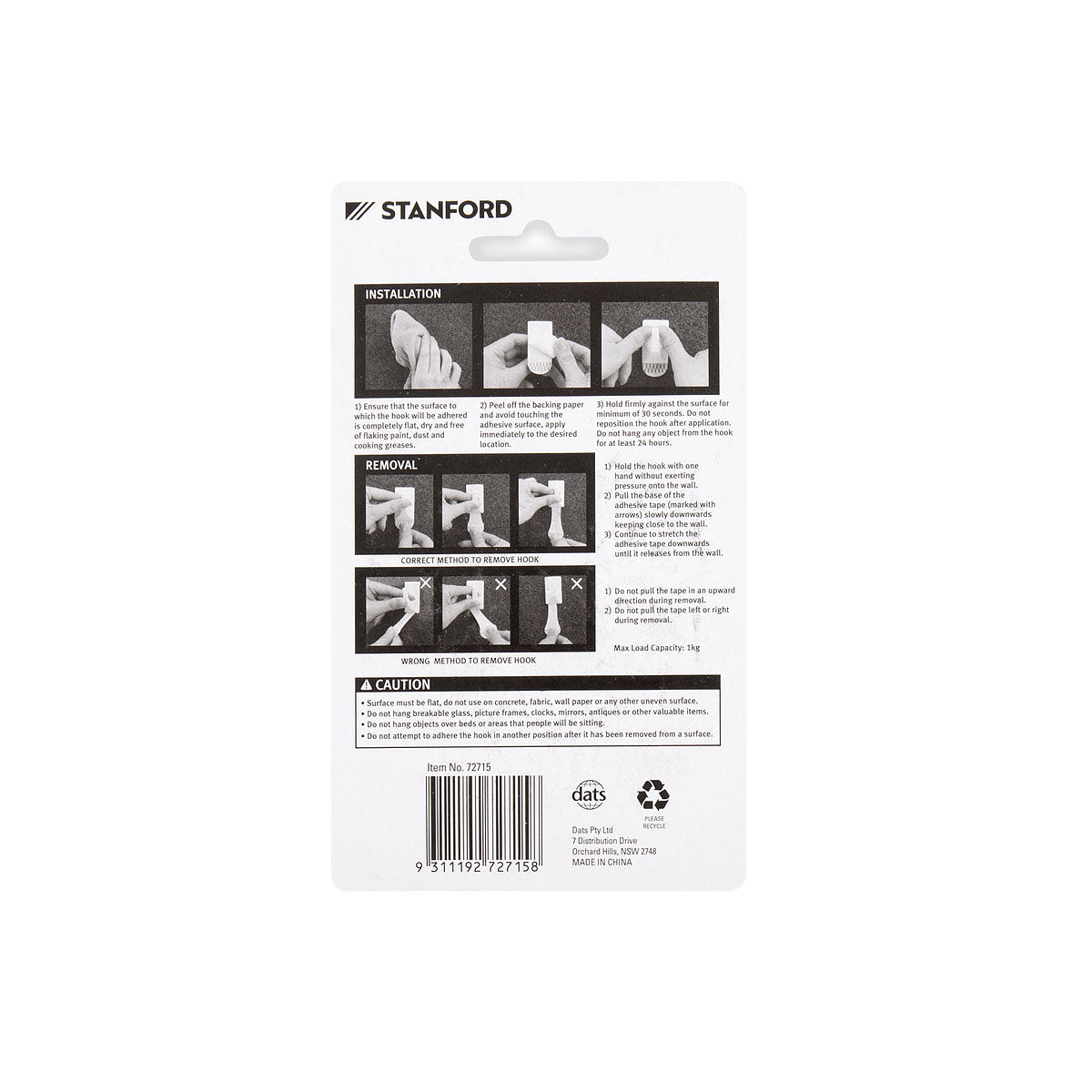 Stanford Removable Plastic Hook 3x2cm 6pk