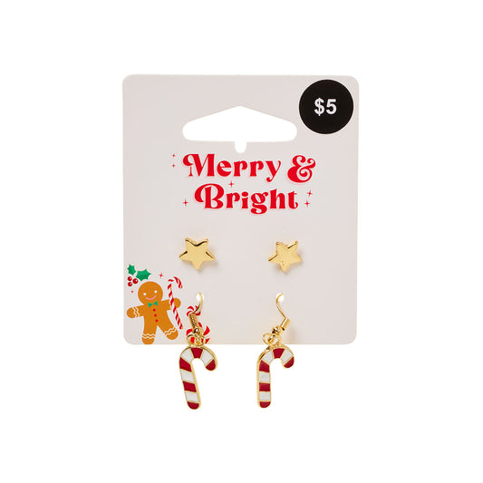 Christmas Earrings Star/Candy Cane 2pk
