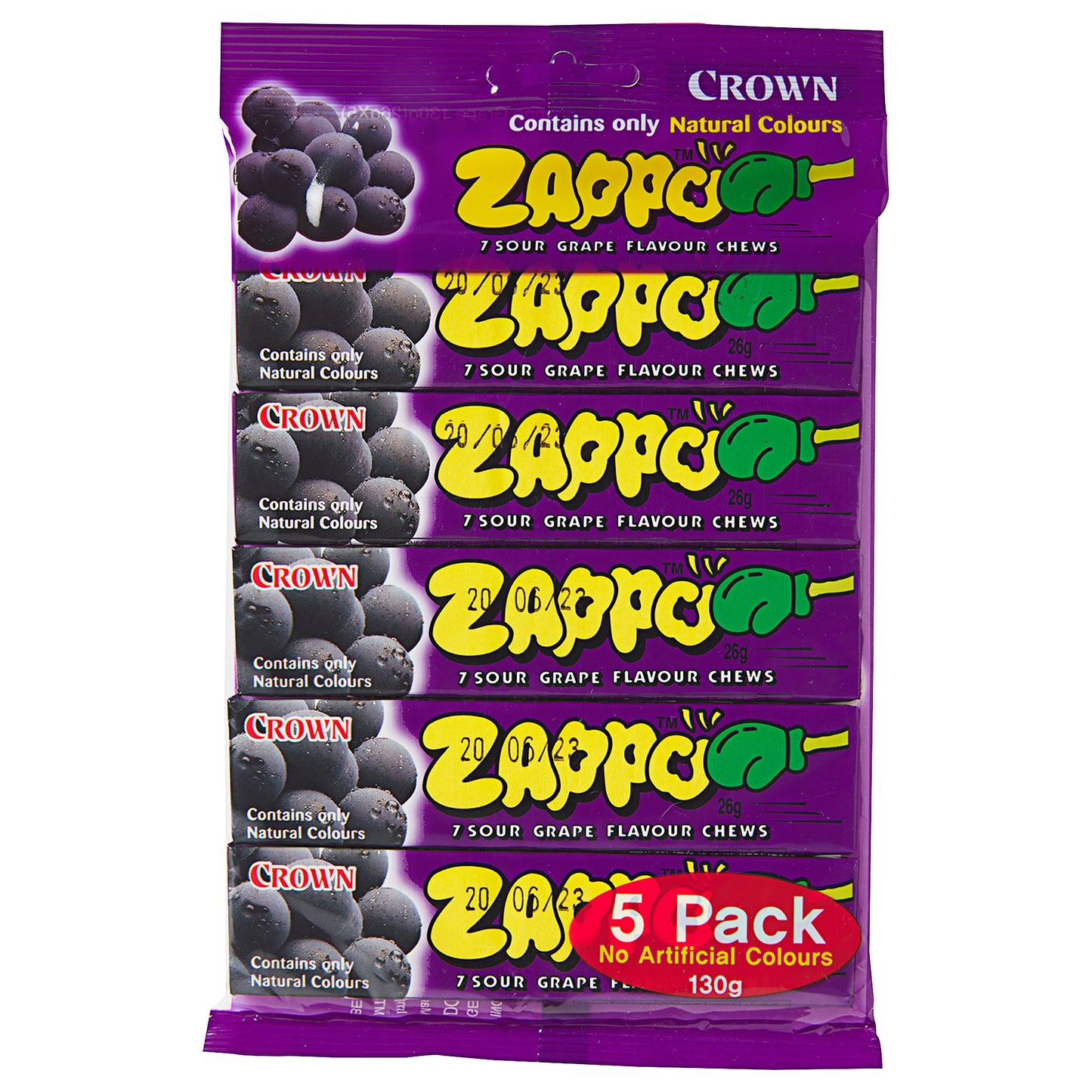 Zappo Sour Grape Chews 130g 5pk