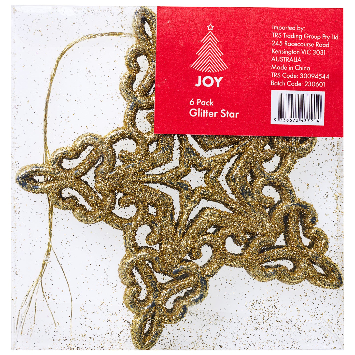 Glitter Star Tree Decoration 6pk Assorted