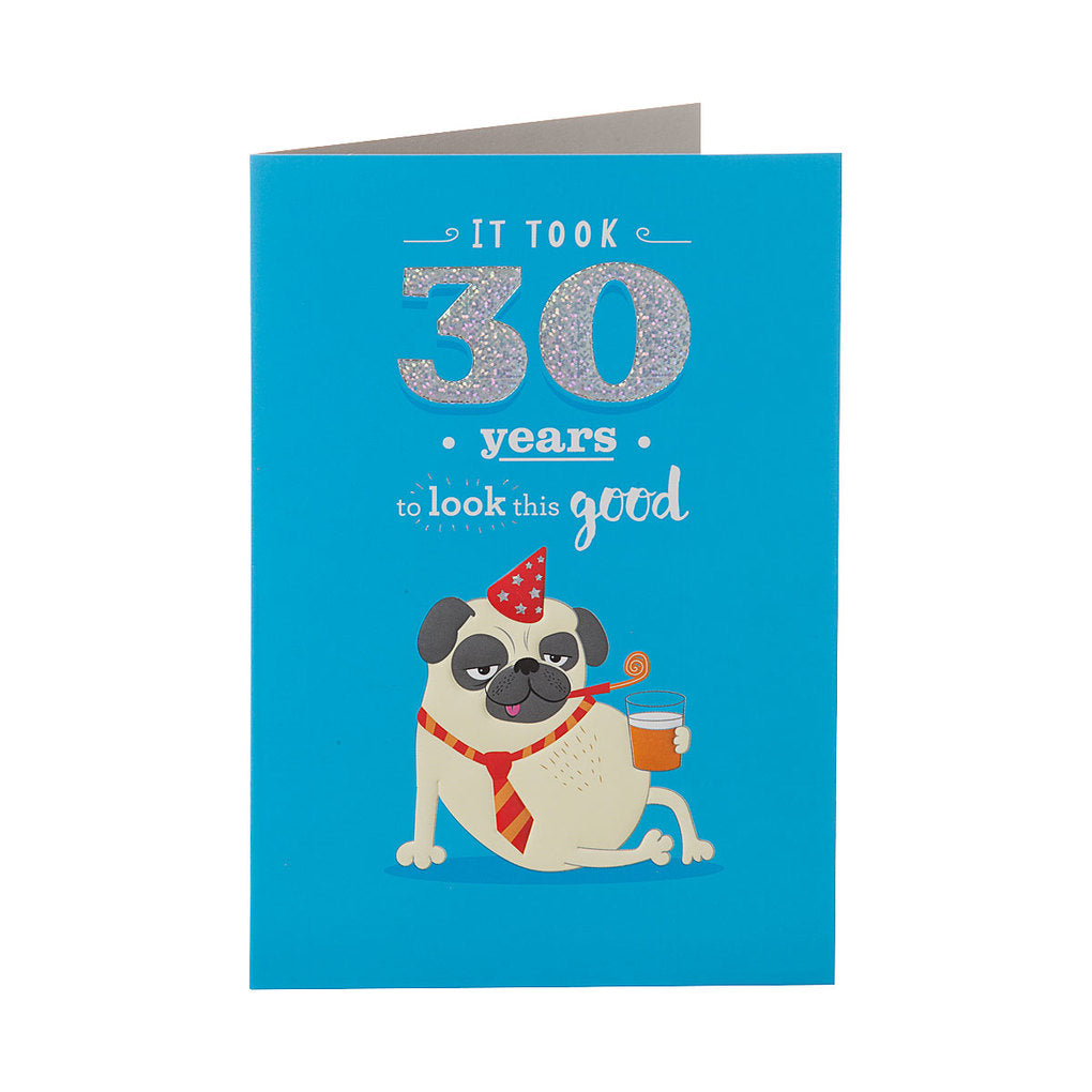 Funny Drunk Pug Male 30th Birthday Card