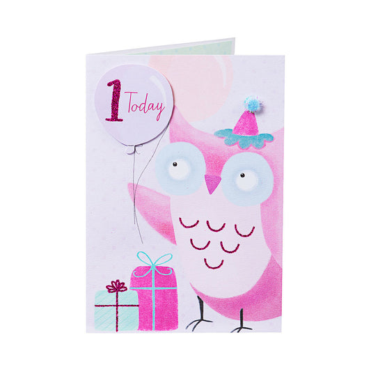 Cute Pink Owl 1st Birthday Card