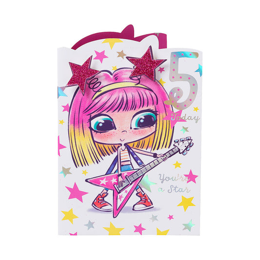 Cute Guitar Rock Girl 5th Birthday Card