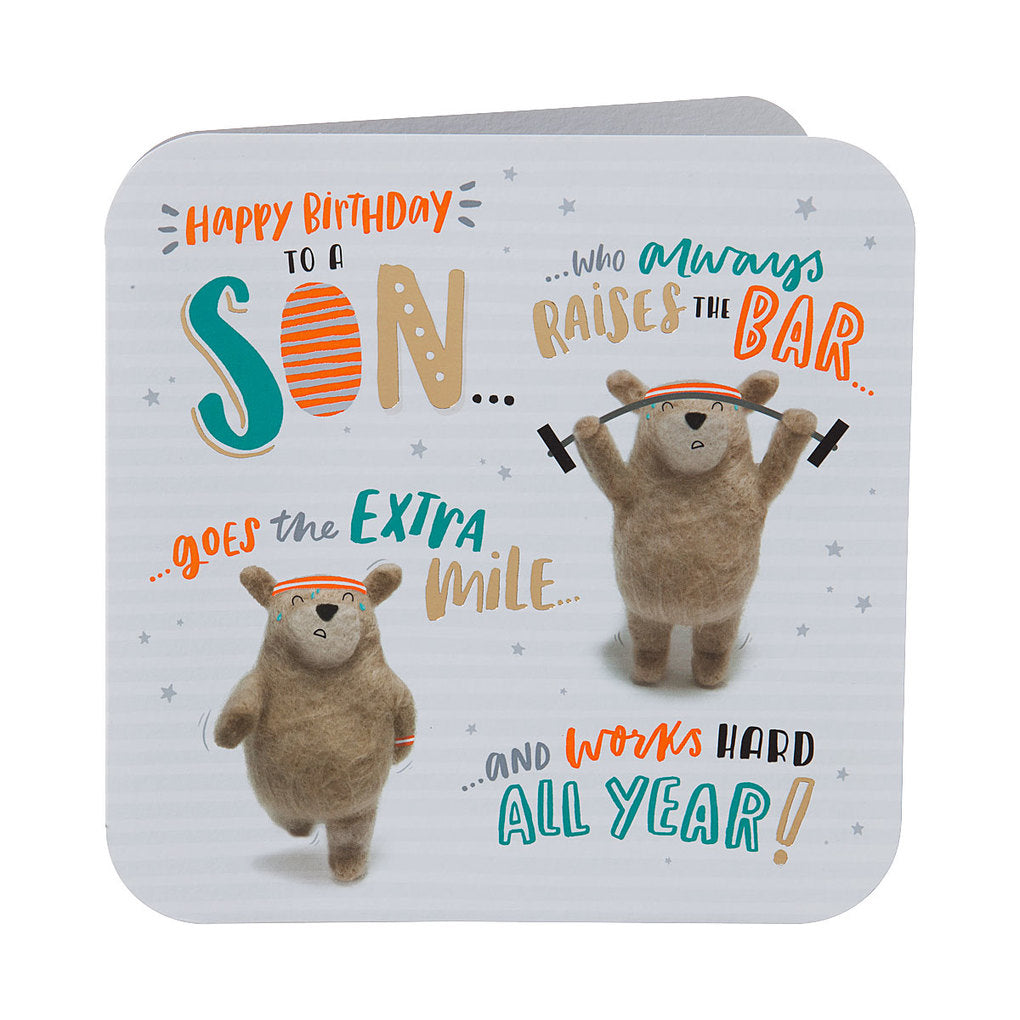 Cute Exercising Bear Son Birthday Card