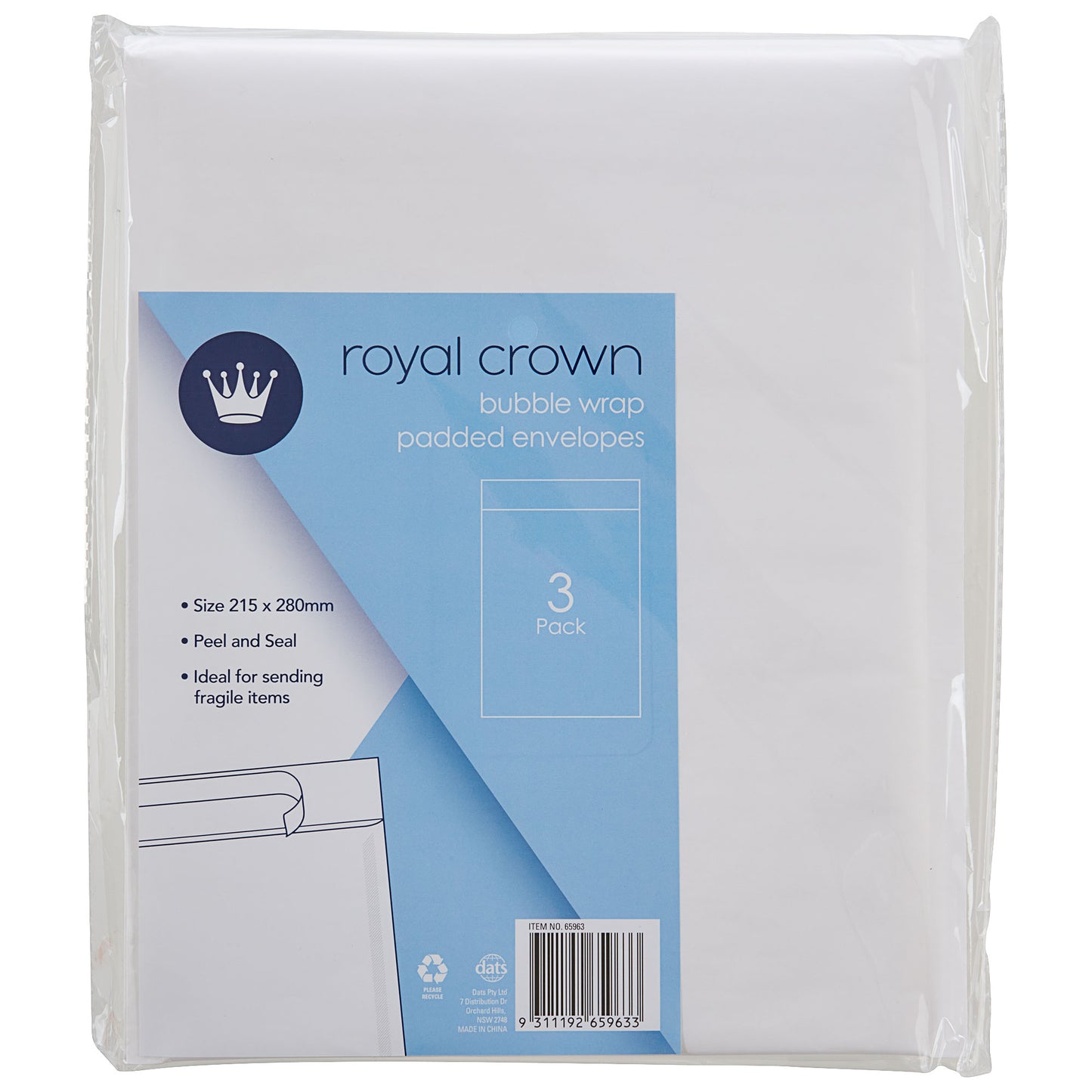 Royal Crown Bubble Wrap Padded Envelopes 215x280mm 3pk