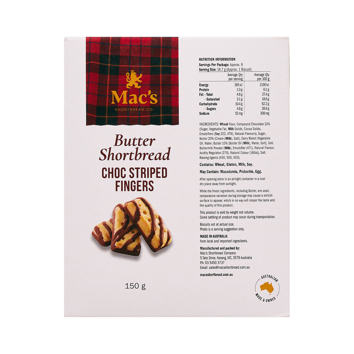 Mac's Choc Striped Fingers 150g